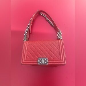 CHANEL Red Quilted Caviar Boy Bag with Silver-Tone Hardware
